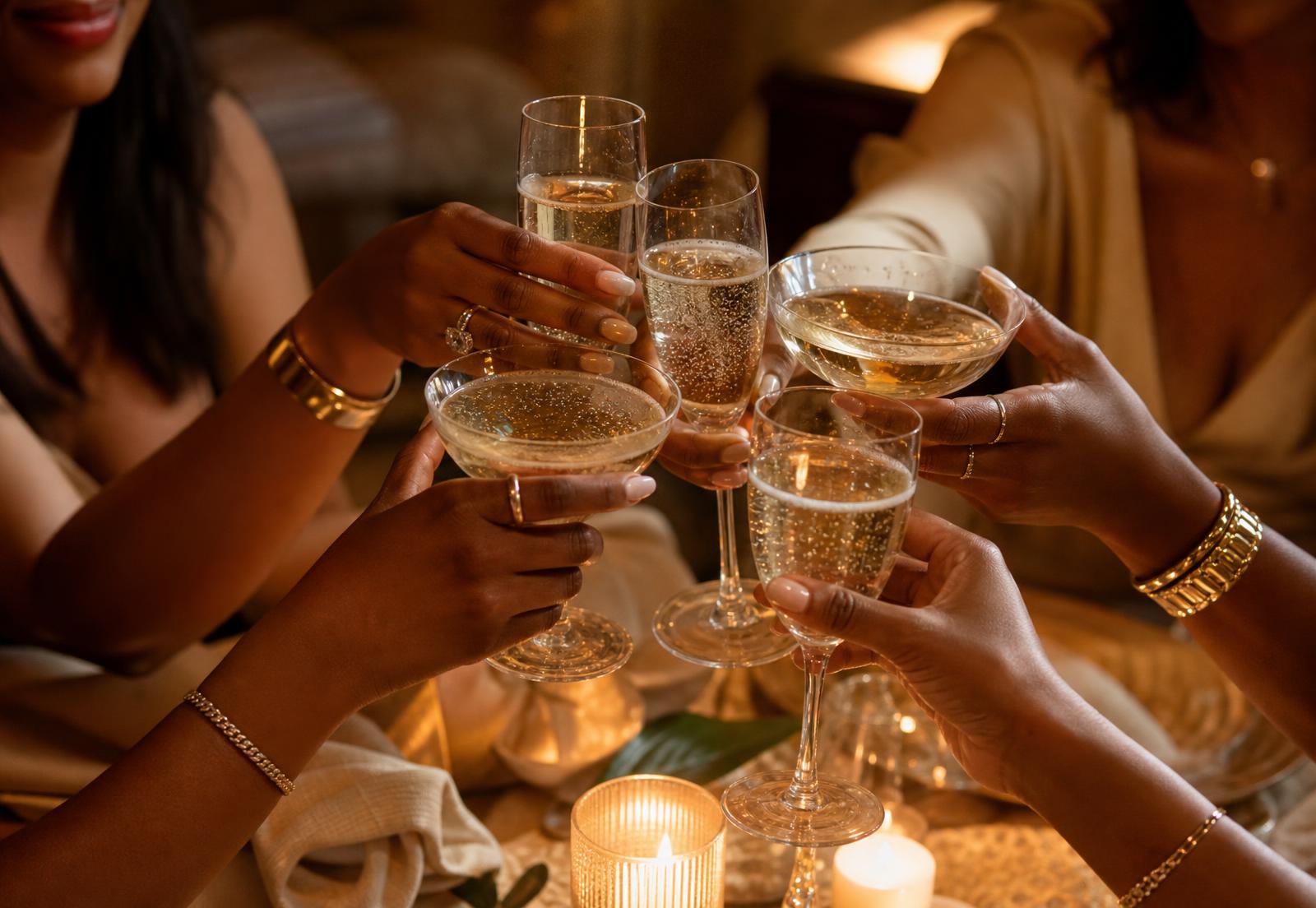 Black women's hands raising champagne glasses in a warm candlelit toast
